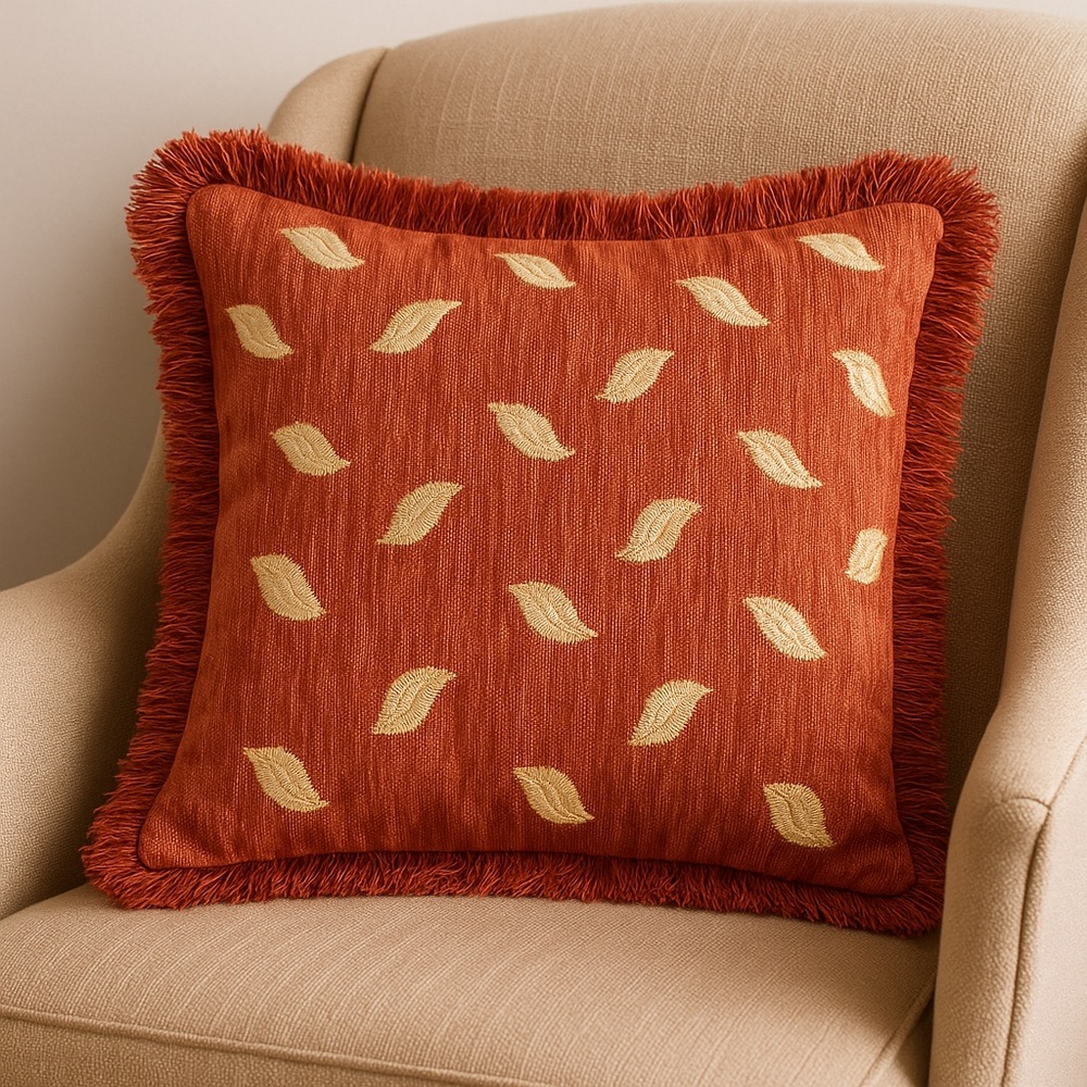 Rustic‎ Embroidered Pillow Cover – Autumn Red with Fringe Edges